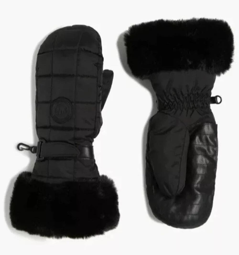 Michael Michael Kors Black Quilted Faux Fur Trim Mittens Size S/M